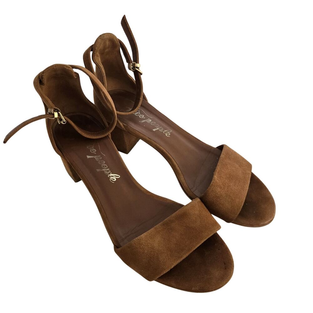 Free People Tan Marigold Suede Block Heel Ankle Strap Sandals EU 38 US 7.5